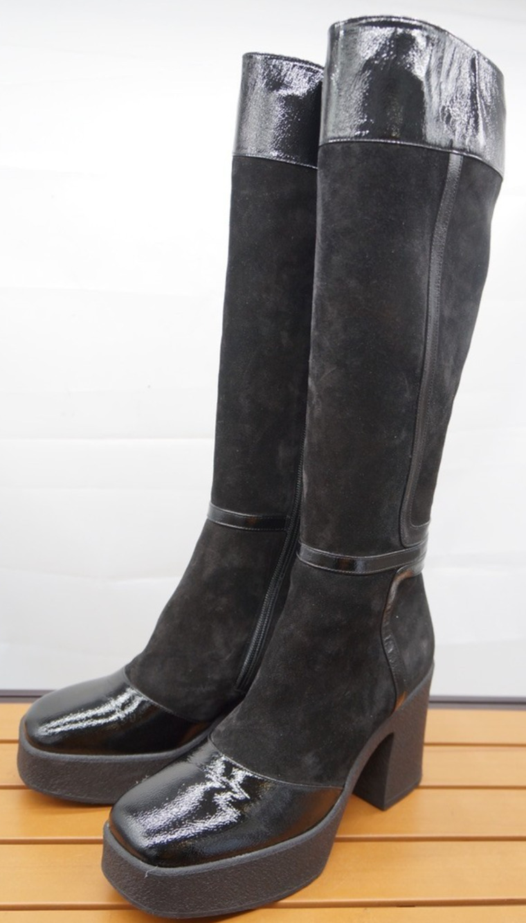 Chie Mihara Black Suede Patent Leather Platform Knee High Boots Chunky Heel 38.5